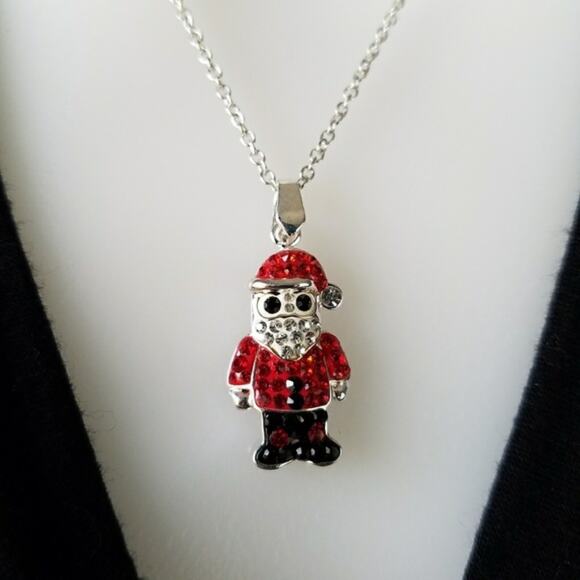 Stocking Stuffer White Gold Plated Crystal Santa Christmas Holiday Necklace - Picture 1 of 6